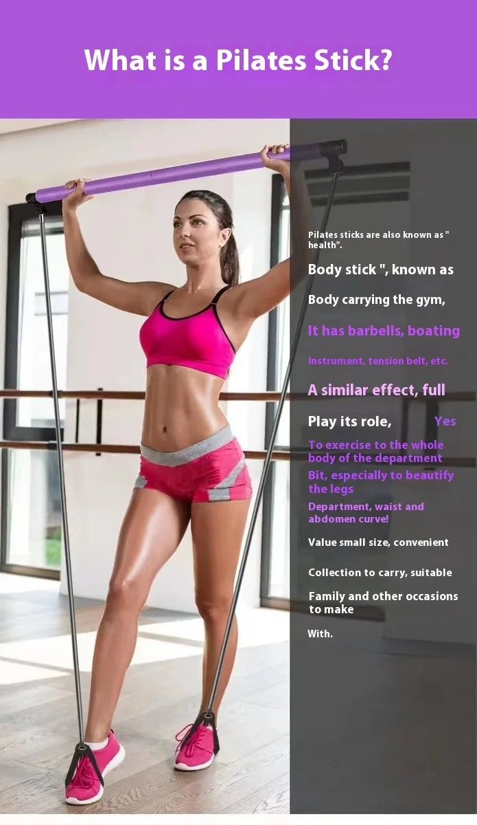 Pilates Stick - Adjustable Fitness Bar for Home Workout, Yoga, Stretching & Toning - Portable Exercise Rod with Elastic Bands