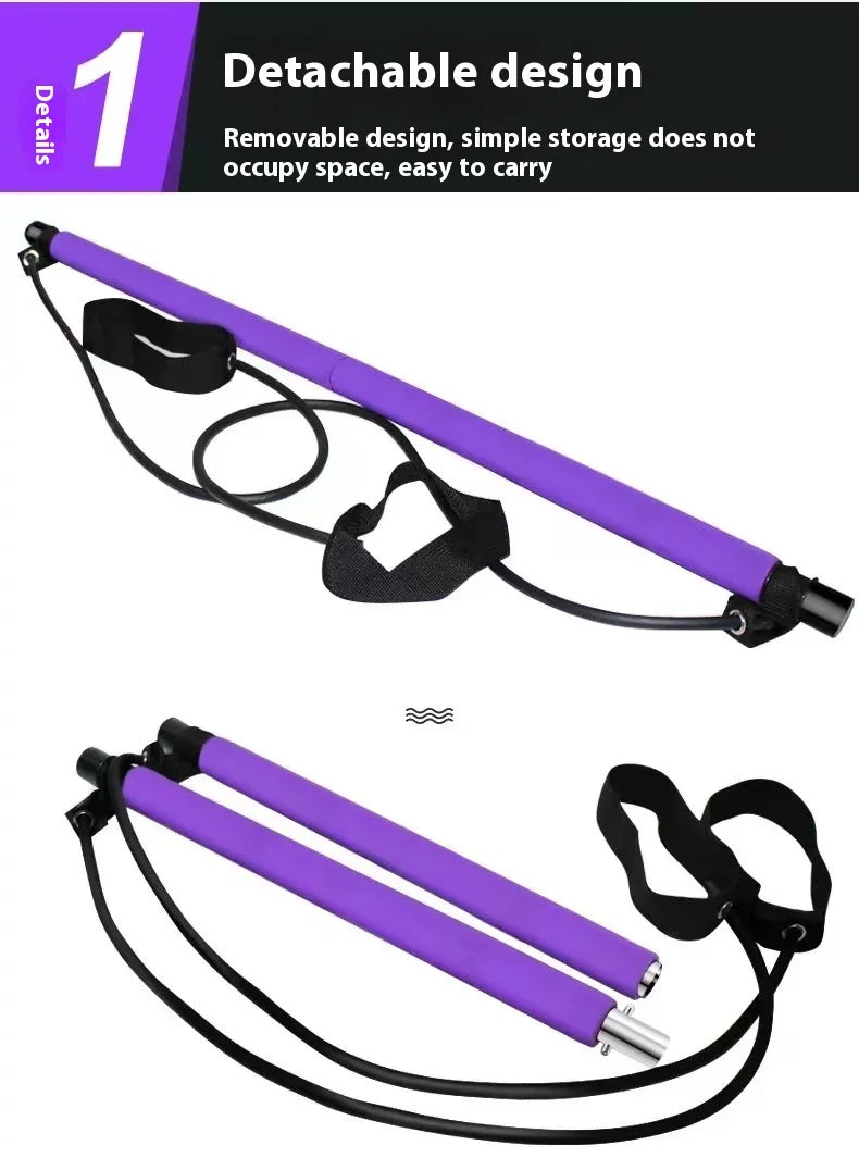 Pilates Stick - Adjustable Fitness Bar for Home Workout, Yoga, Stretching & Toning - Portable Exercise Rod with Elastic Bands