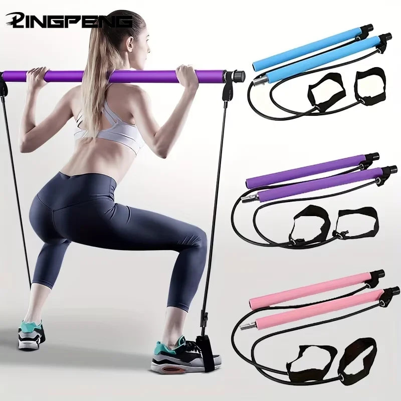 Multifunctional Pilates Bar Combination Fitness Bar Yoga Chest Expansion Tension Rope Back Trainer Elastic Rope Stretching Belt